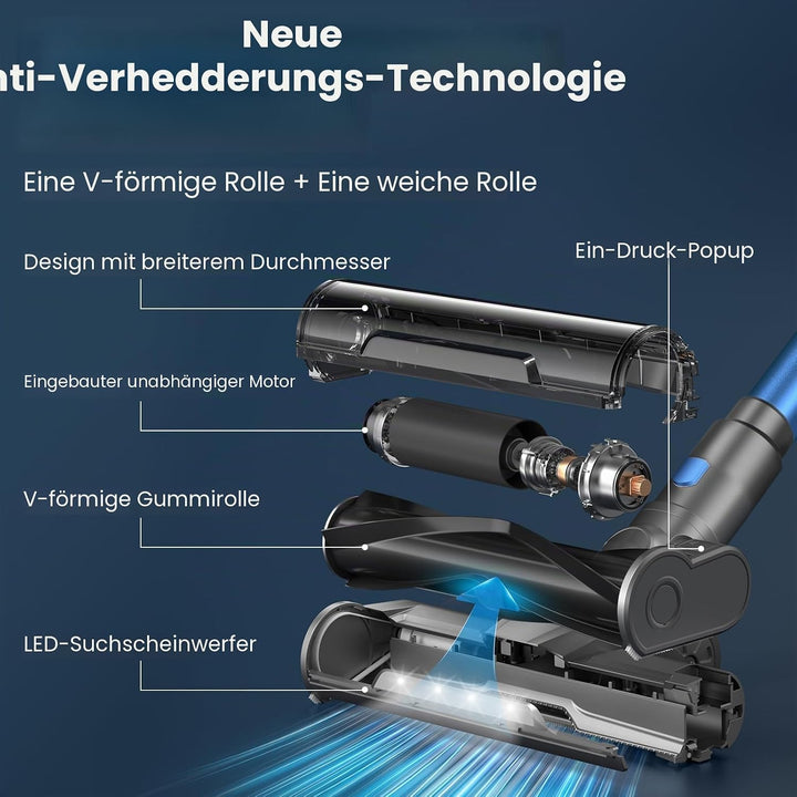 Dzaki Akku-Staubsauger, 45KPa Stabstaubsauger Kabellos Beutellos mit Display, Anti-Tangle-Bürste, 55