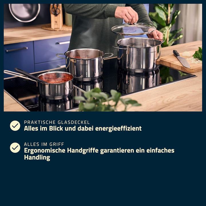 HENCKELS by ZWILLING Reflection Kochtopfset 5-teilig, Glasdeckel, Edelstahl, Alle Herdarten, Indukti