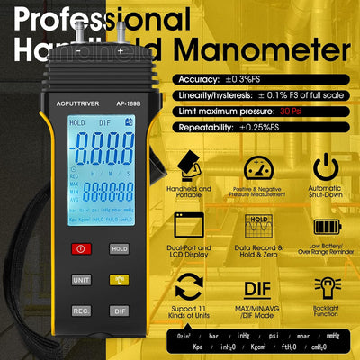 Manometer, AOPUTTRIVER AP-189B Professionelles Gasdruckmessgerät, Luftdruckmessgerät mit zwei Anschl