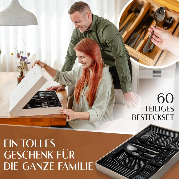 Glavory - Besteck Set 12 Personen Schwarz Hochglanz - 60teilig - Besteckset Spülmaschinenfest aus ro
