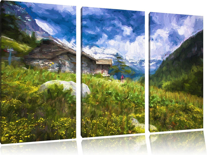 Pixxprint Berghütte Pinsel Effekt 3-Teiler Leinwandbild 120x80 Bild auf Leinwand
