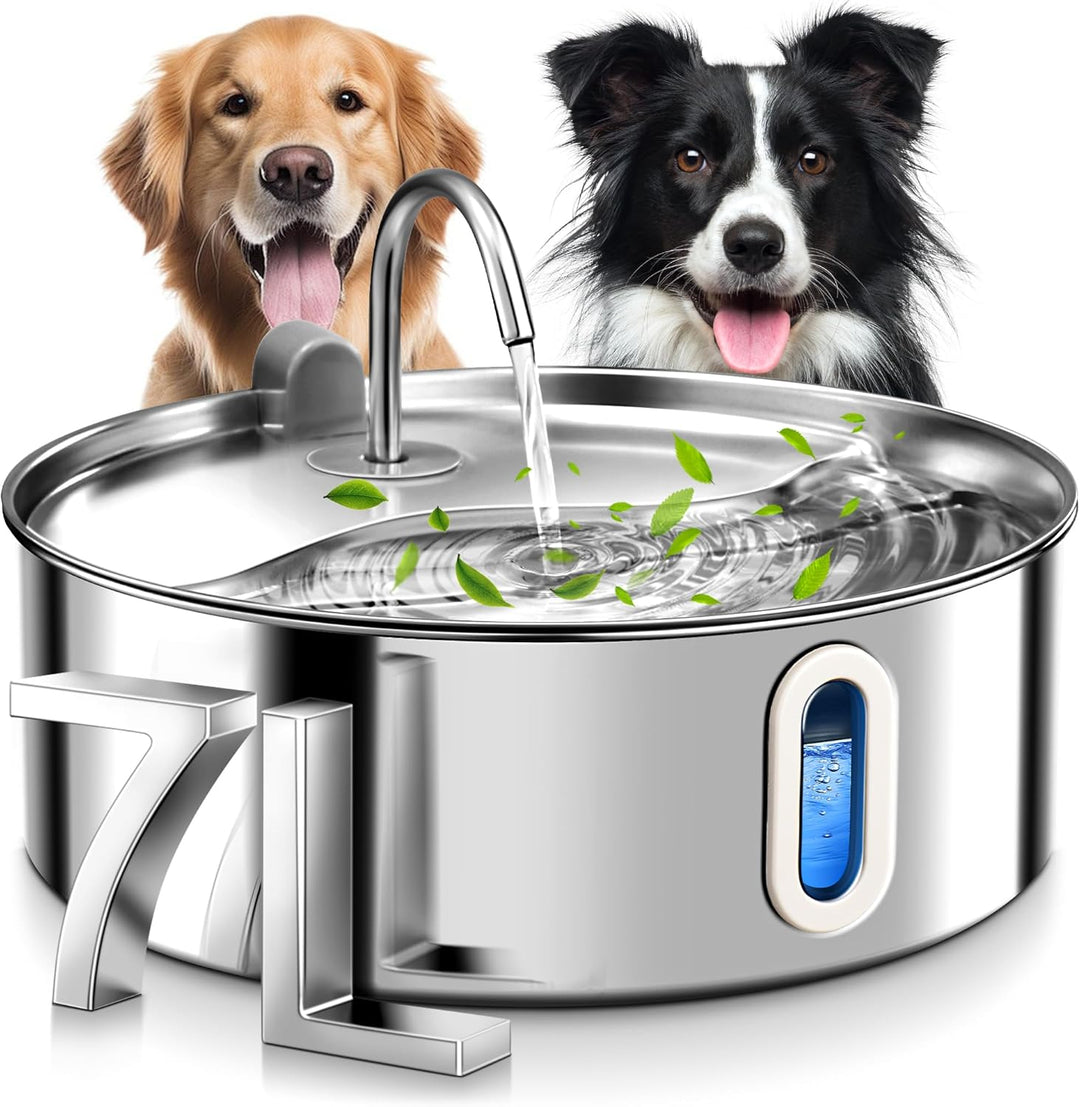 FUKUMARU 7L Trinkbrunnen für Hunde, Katzenbrunnen mit 5-Schicht Filtration und LED -Licht，Edelstahl