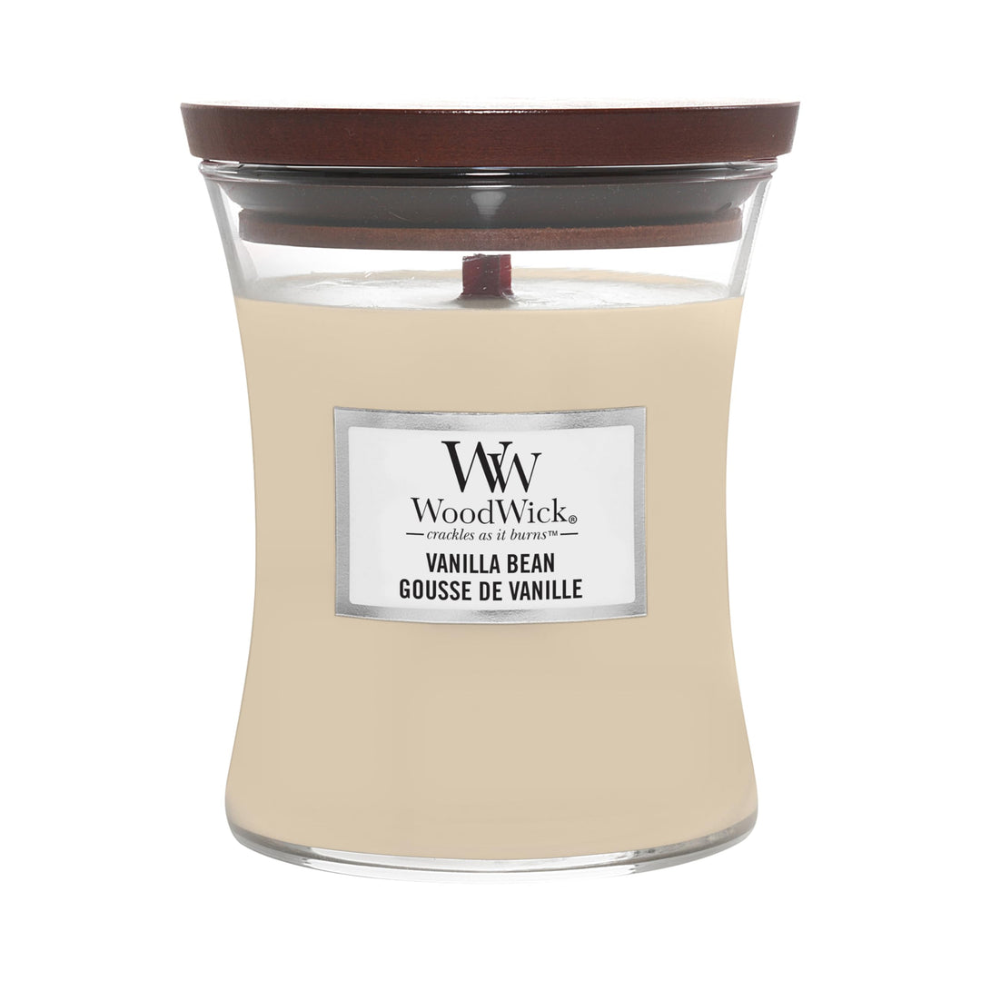 WoodWick mittelgrosse Duftkerze im Sanduhrglas mit knisterndem Docht, Vanilla Bean, Brenndauer bis z