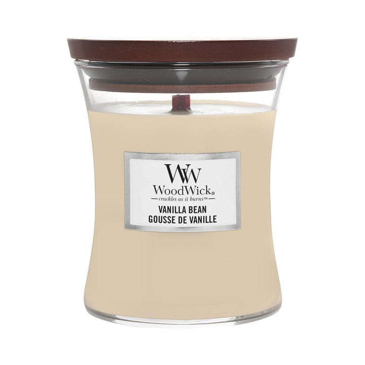 WoodWick mittelgrosse Duftkerze im Sanduhrglas mit knisterndem Docht, Vanilla Bean, Brenndauer bis z
