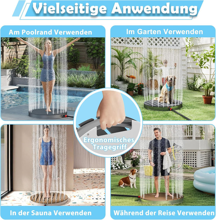 Aluminium & WPC Gartendusche Holzoptik Ø70 cm, rutschfeste Bodendusche wetterfest, Aussendusche für