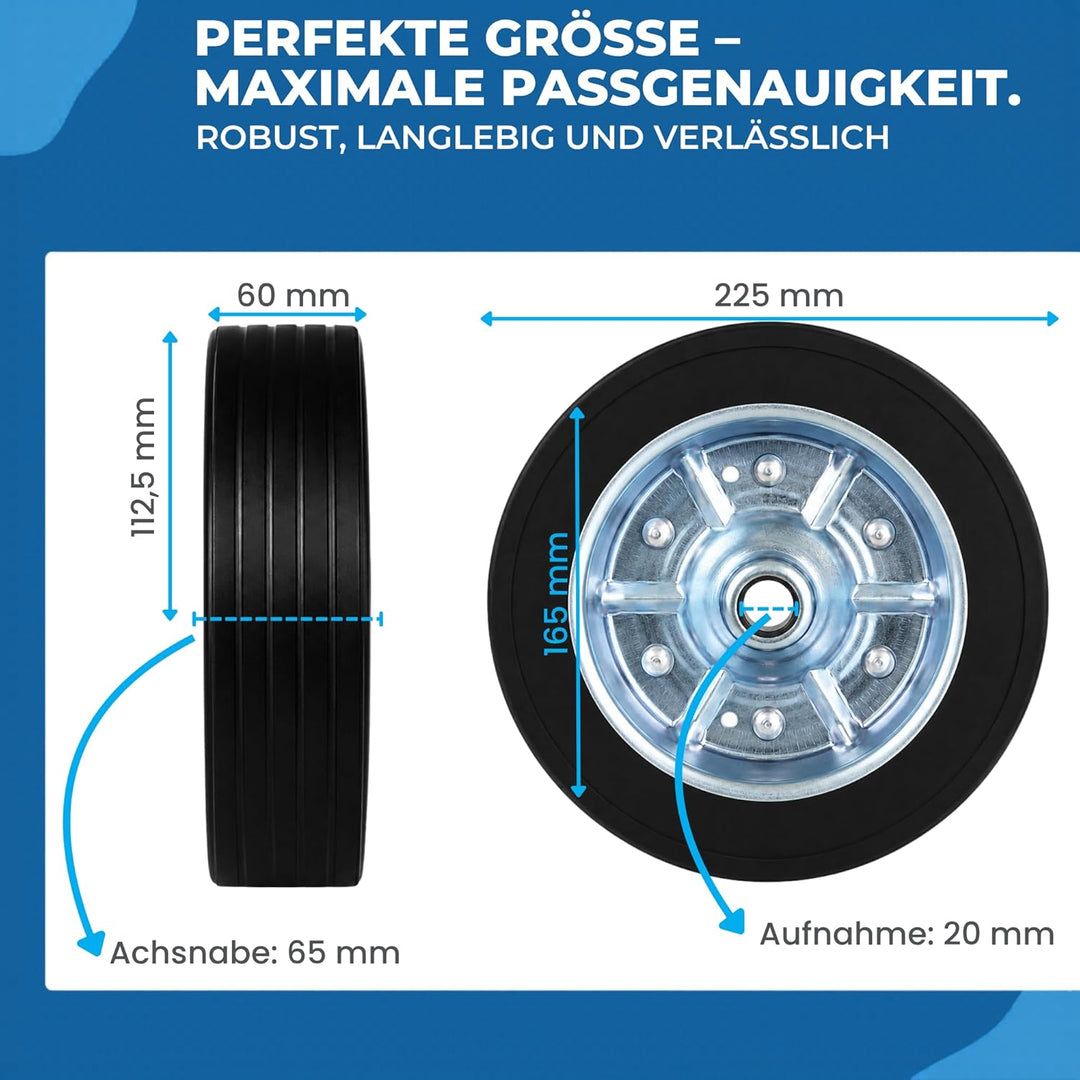 Ersatzrad für Automatik-Stützrad bis 500 kg – 225x65 mm Vollgummireifen auf Stahlfelge – pannensiche