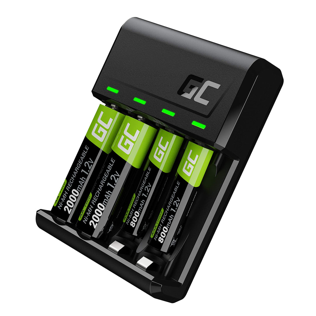 Green Cell VitalCharger Ladegerät + 2X AA 2000mAh + 2X AAA 800mAh für NI-MH AA AAA R6 R03 Mignon Akk