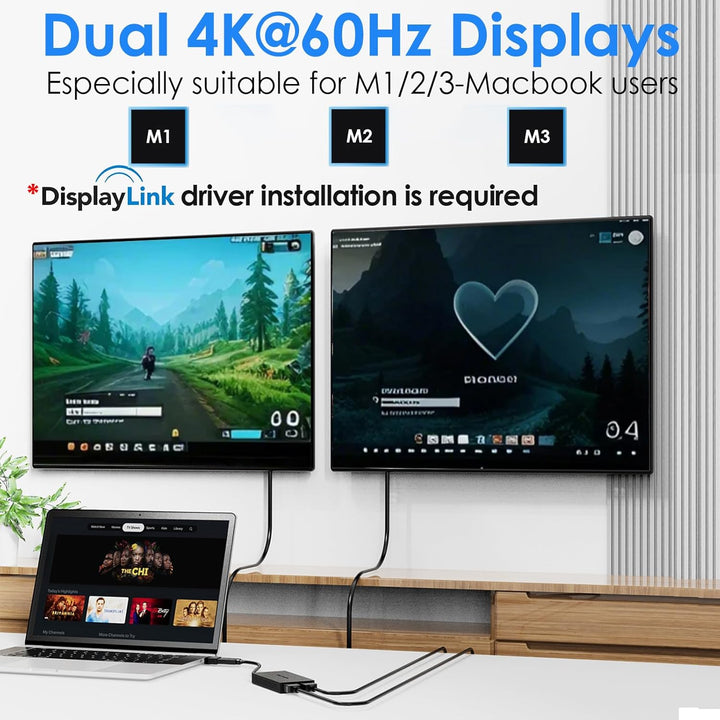WAVLINK USB 3.0 / C Displaylink Adapter Dual HDMI 4K 60Hz for Dual Monitors, USB A/C to HDMI 4K Outp