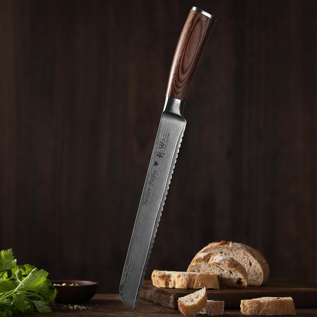 Wakoli EDIB Damast Brotmesser mit Gravur – Personalisiertes Brotmesser, 23cm Wellenschliff-Klinge au