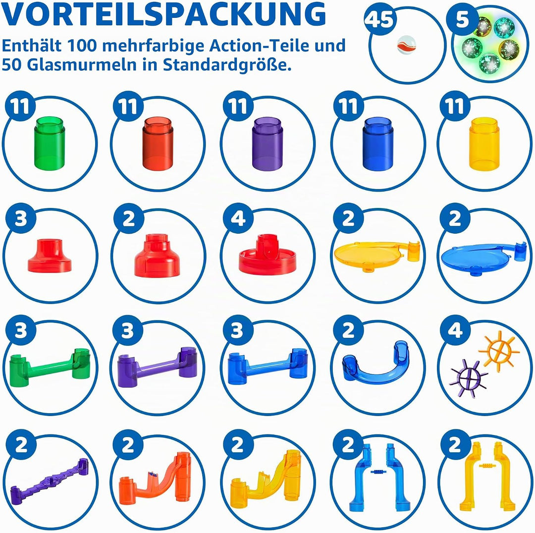 JOYIN 150 Stück Mehrfarbige Murmelbahn Marble Run Set mit 100 Bahnelementen und 50 Glasmurmeln, Kuge