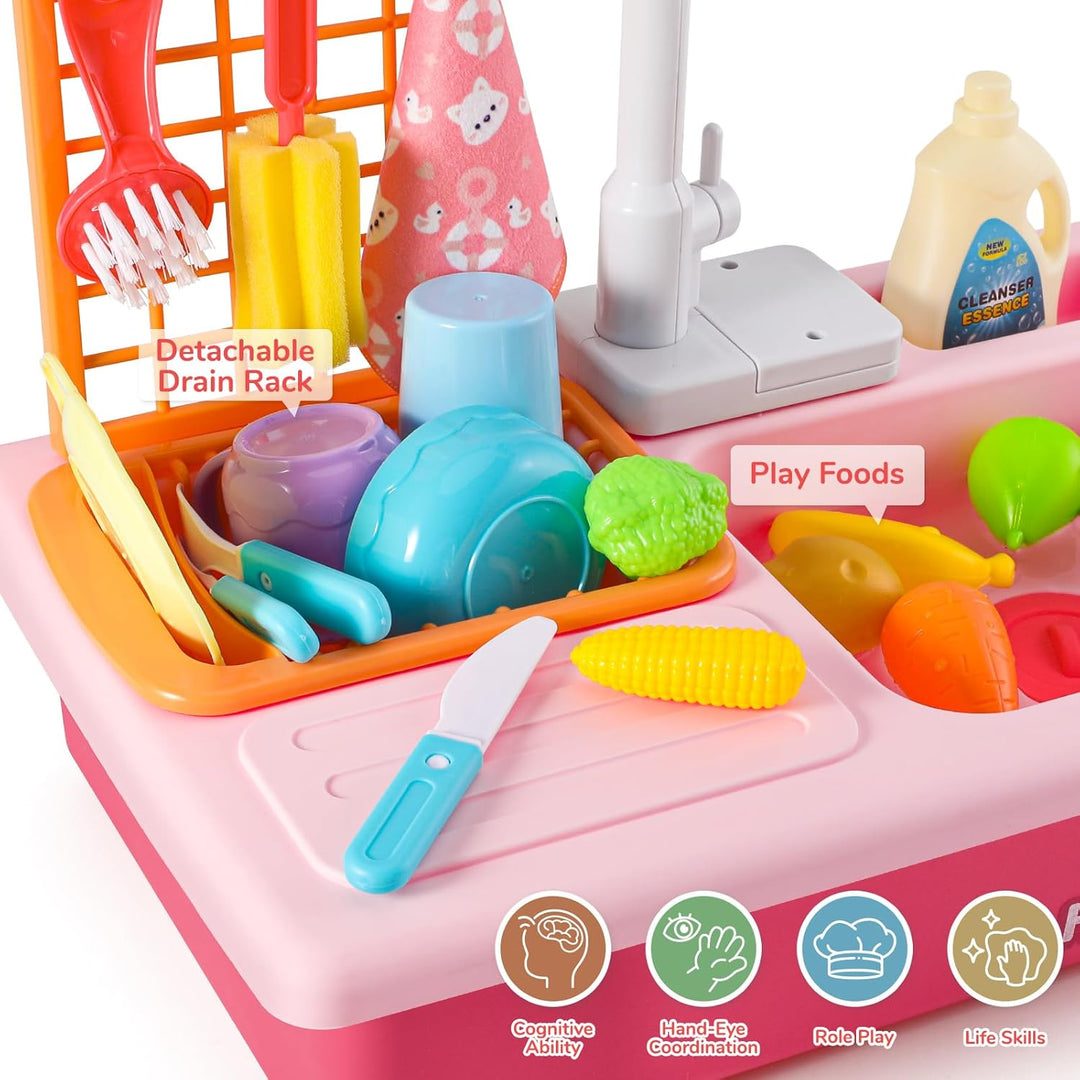 Mini Tudou Kinderwaschbecken Spielzeug,Spielspüle Spielzeug mit Automatischem Wasserzyklus-System, E