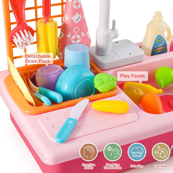 Mini Tudou Kinderwaschbecken Spielzeug,Spielspüle Spielzeug mit Automatischem Wasserzyklus-System, E