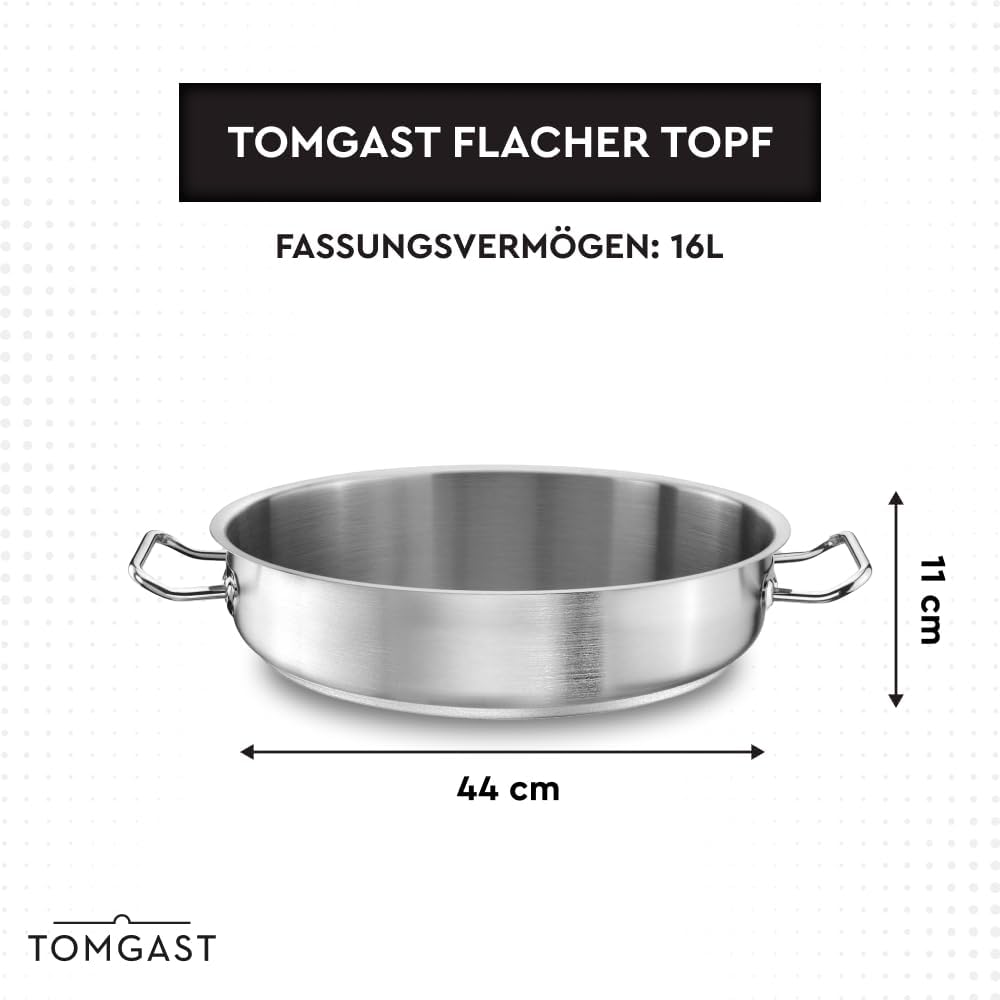 flacher Topf Durchmesser 44 cm PRO | Fassungsvermögen 16 l, Höhe 11 cm | Edelstahl | Gefütterter Bod