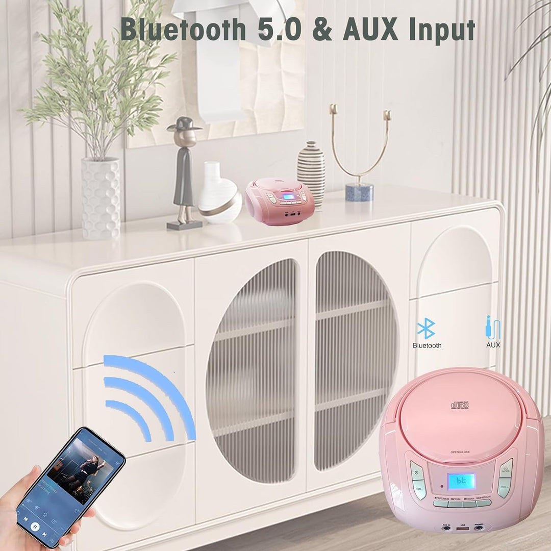 Tragbarer CD-Player für Kinder - Radio-CD-Boombox mit Bluetooth, FM-Radio, USB-Eingang & AUX-Anschlu
