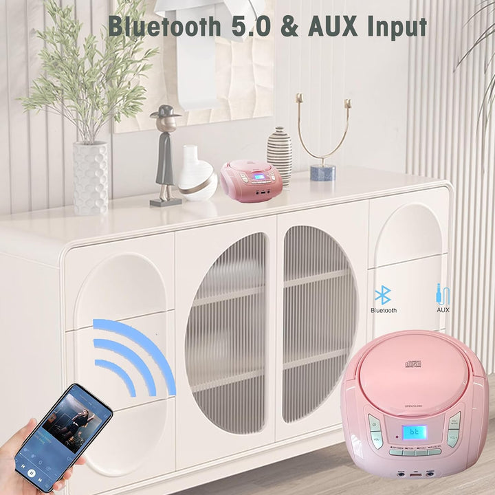 Tragbarer CD-Player für Kinder - Radio-CD-Boombox mit Bluetooth, FM-Radio, USB-Eingang & AUX-Anschlu