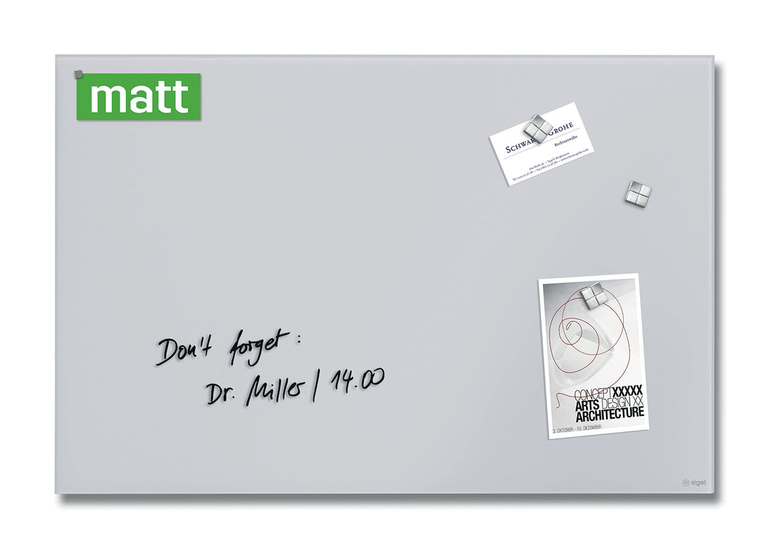 SIGEL GL516 Premium Glas-Magnettafel 60x40 cm, hellgrau: matt, nicht spiegelnd, TÜV geprüft, einfach