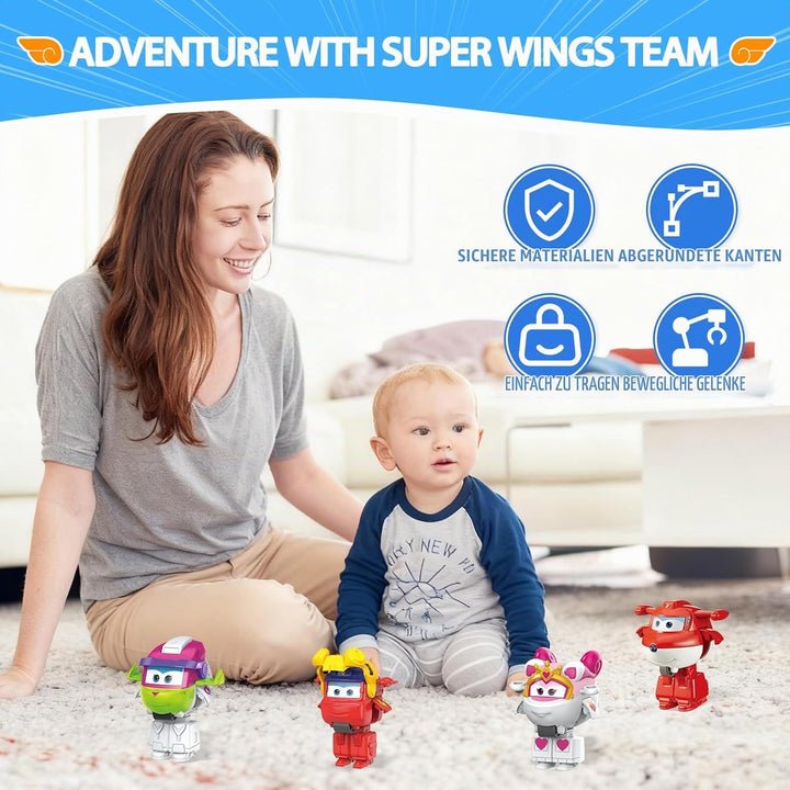 Super Wings 2 inch Verwandlungsspielzeug 4er Pack, Jett, Curie, Runi und Sara, Flugzeug Spielzeug Fa