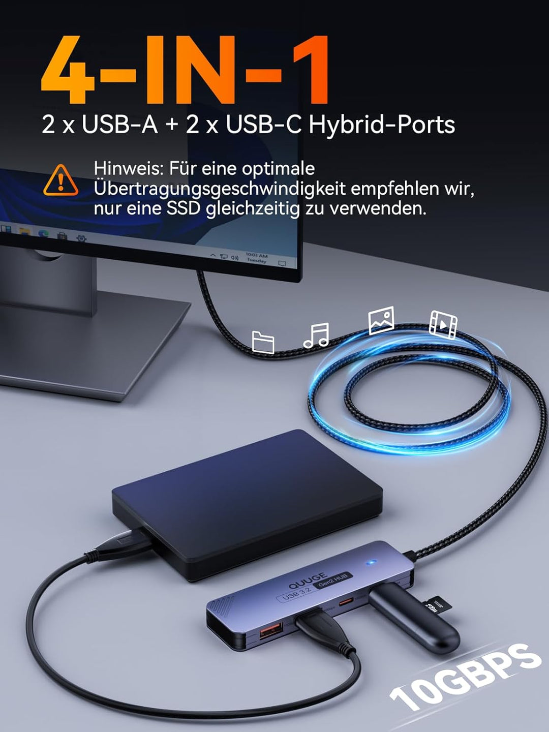 USB C 3.2 Hub 10Gbps, QUUGE 4-in-1 Adapter mit 2 USB-C 3.2 & 2 USB-A 3.2 Ports, Aluminium Multiport