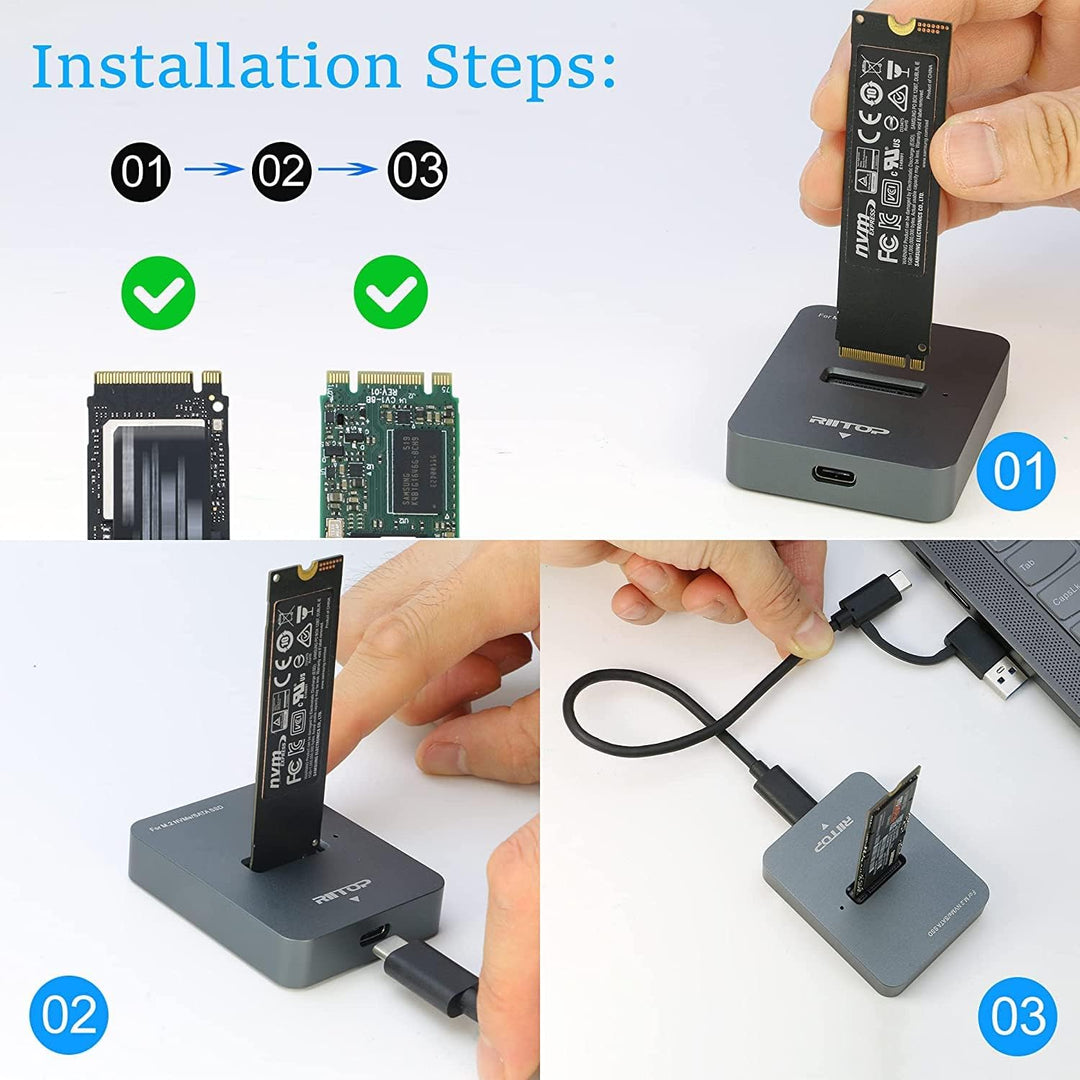 RIITOP M.2 auf USB-Dockingstation, RIITOP M.2 NVMe SSD auf USB-C-Lesegerät-Adapter für M.2 M Key NVM