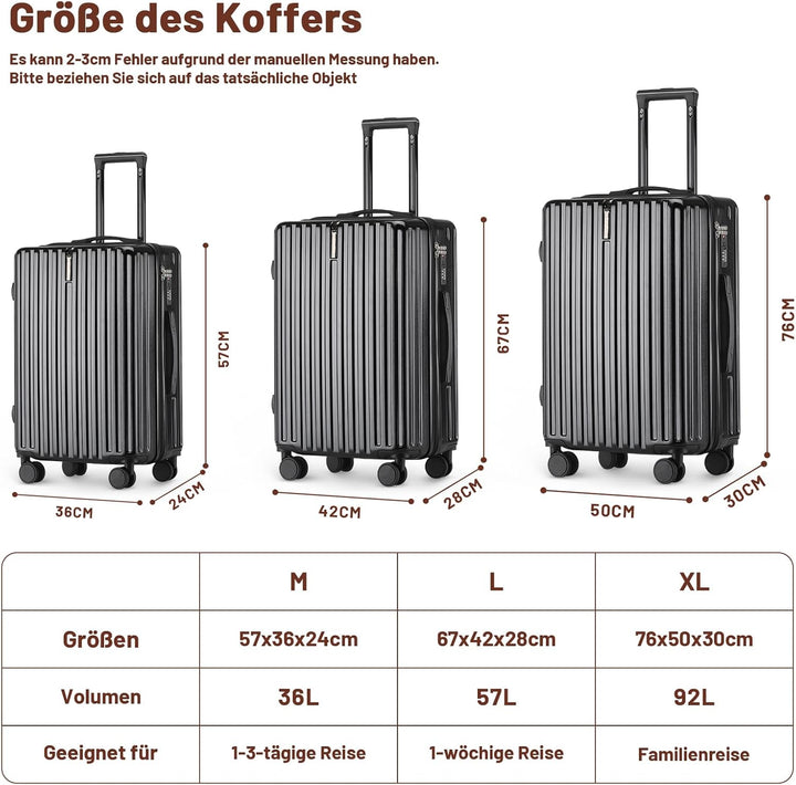 Kofferset 3 Teilig Hartschale Koffer Set Robustes und Langlebiges PC-Material Koffer mit TSA-Schloss