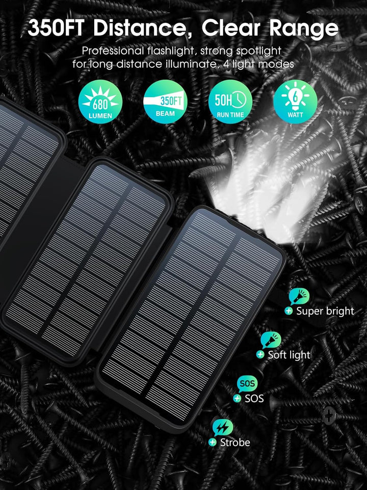 Solar Powerbank 20000mAh, Tragbares Solar-Ladegerät mit 4 Solar-Panels, Outdoor Wasserfester Externe