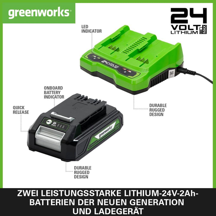 Greenworks 24V Akkus & Doppellader Akku Ladegerät - Zwei Original 2Ah leistungsstarke Lithium-Ionen