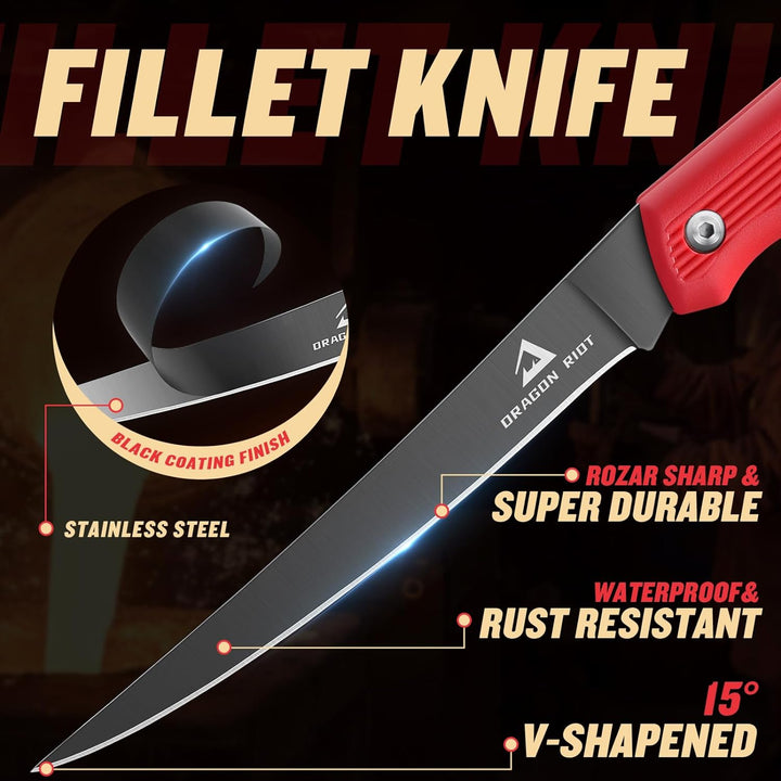 DRAGON RIOT Filetiermesser Fisch Scharf, Angelmesser Klappbar, Edelstahl Fischmesser mit Anti-Rutsch