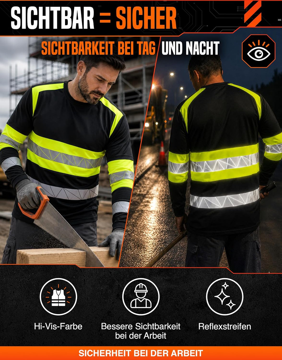 Warnschutz T-Shirt Langarm - Atmungsaktiv Warn Tshirt Herren XXL Schwarz Neongelb, XXL Schwarz Neong