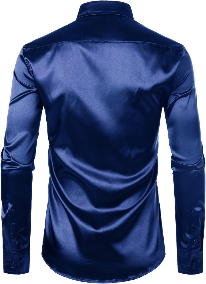 PARKLEES Herren Glänzend Slim Fit Satin Langarmhemd Frezeit Business Hemd für Party Nachtclub S Navy