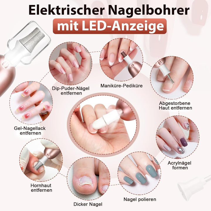 Maniküre Pediküre Set mit 10-Gang und LED Licht,Tragbare Elektrische Nagelfeile 2000 mAh Wiederaufla