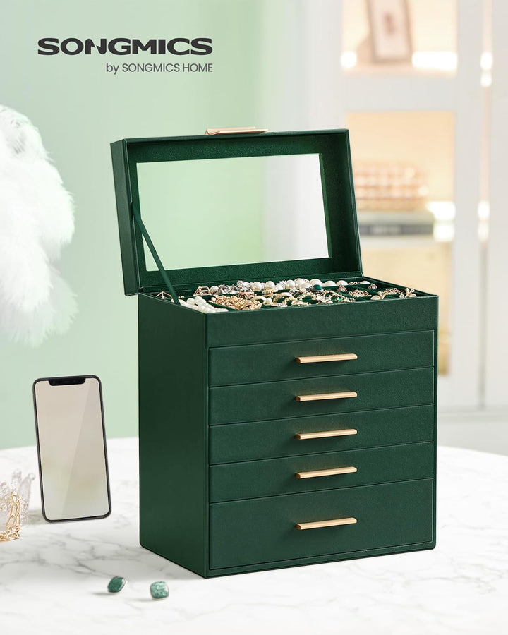 SONGMICS Schmuckkästchen, Schmuckkasten mit 6 Ebenen, Schmuckbox mit Glasdeckel, 5 Schubladen, für S