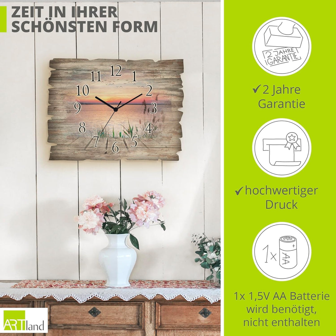 ARTLAND Wanduhr ohne Tickgeräusche aus Holz Quarzuhr 40x30 cm Rechteckig LautlosSee Steg Landschaft