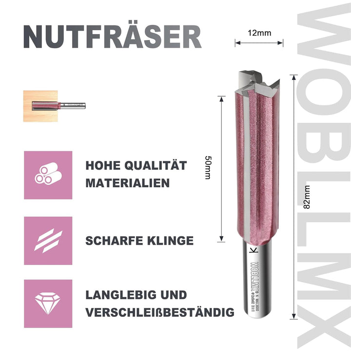 3 Klingen Nutfräser 8mm Schaft,Ø12mm Arbeitslänge 50mm Professional Hartmetall Bestückt Nutfräser St