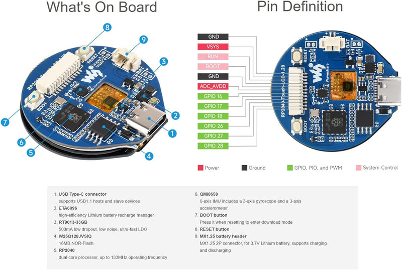 RP2040 Mikrocontroller Entwicklungsboard mit 1.28 Zoll Rundem Touch LCD, 240x240 Pixel 65K RGB Farbe