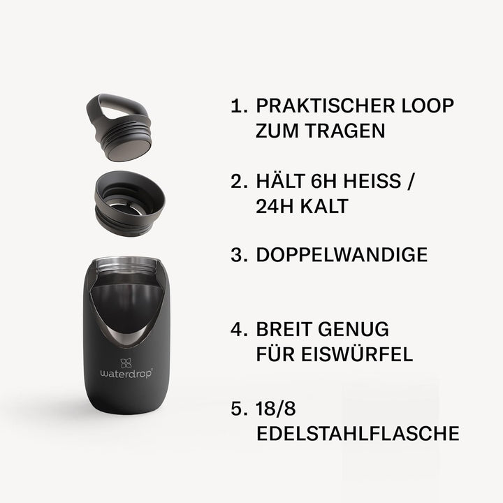 waterdrop® All Purpose Thermobecher 400ml. isolierte Edelstahl Thermosflasche. 24h kalt - 6h/12h hei
