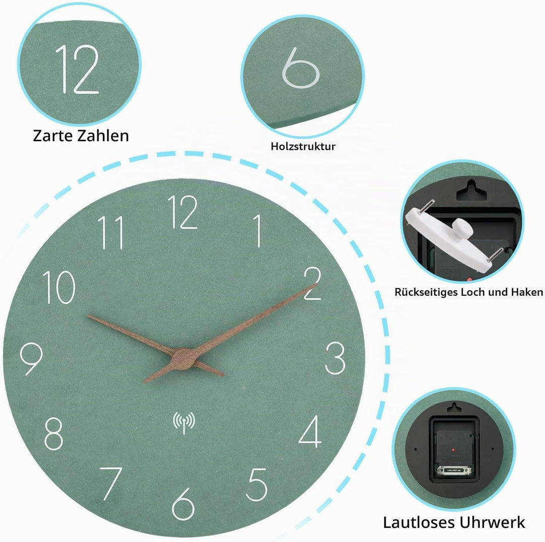 Wand Funkuhr MDF Holz Wanduhr Ohne TickgeräUsche Lautlos 30cm Quarz Batterie Gross Wanduhren Einfach