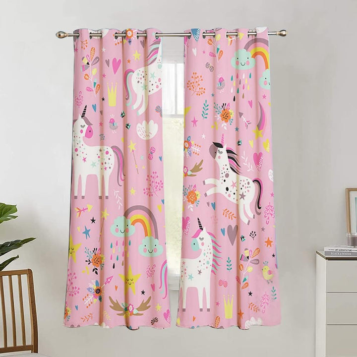 Koudi Kinder Rosa Vorhänge Einhorn Sterne Gardinen mit Ösen für Mädchenzimmer, Kinderzimmer, Babyzim