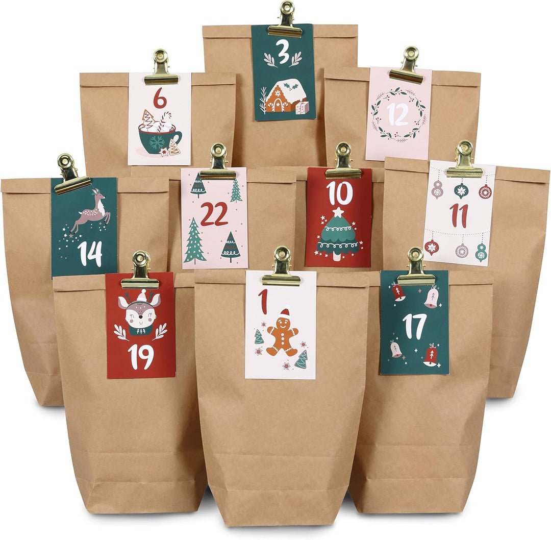 Papierdrachen DIY Adventskalender zum Befüllen - 24 Geschenktüten und 24 Visitenkarten mit Zahlen un