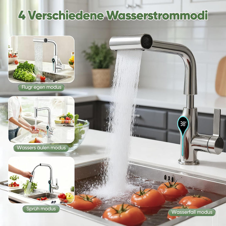 Wasserhahn Küche mit LED Temperaturanzeige, Wasserhahn Küche Ausziehbar, Hochdruck Küchenarmatur mit
