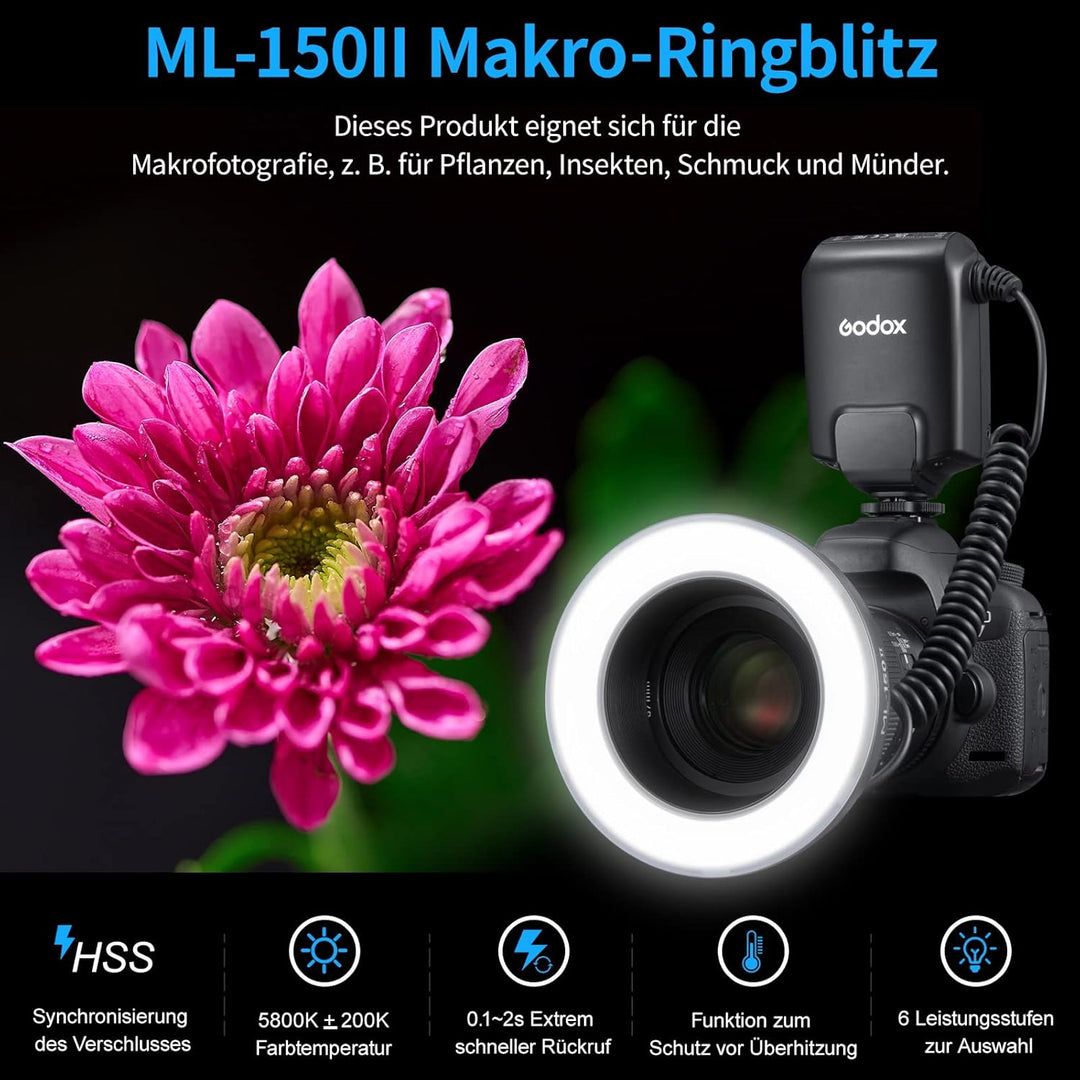 Godox ML150II Tragbarer LED Makroringblitz Ringblitzleuchte Set6-stufige Leistungswahl (1/32-1/1) 58