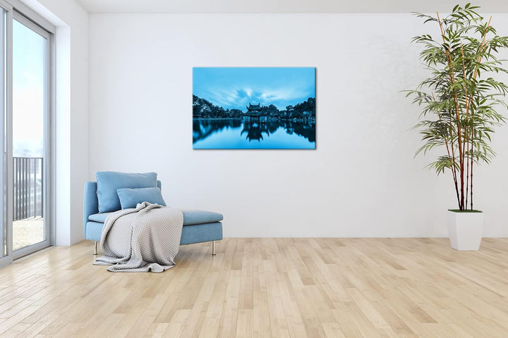 deyoli Vietnam Tempel in Pagoda Format: 80x60 Effekt: Monocrome Blau als Leinwand, Motiv fertig gera