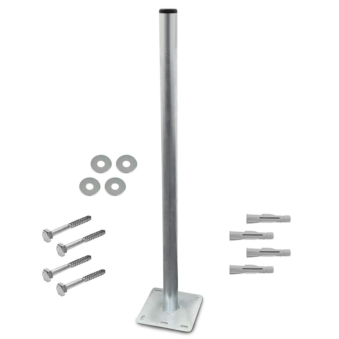 Mastfuss Standfuss 1m Mast Mastfuss + 4 Schrauben Dübel U Scheibe Set Stahl verzinkt Balkonbodenhalt