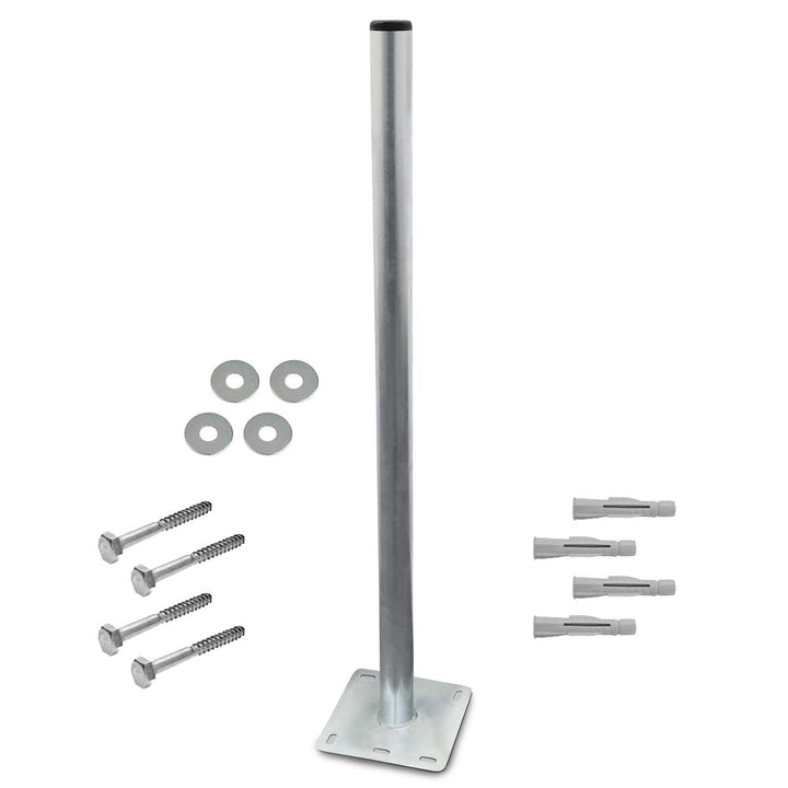Mastfuss Standfuss 1m Mast Mastfuss + 4 Schrauben Dübel U Scheibe Set Stahl verzinkt Balkonbodenhalt