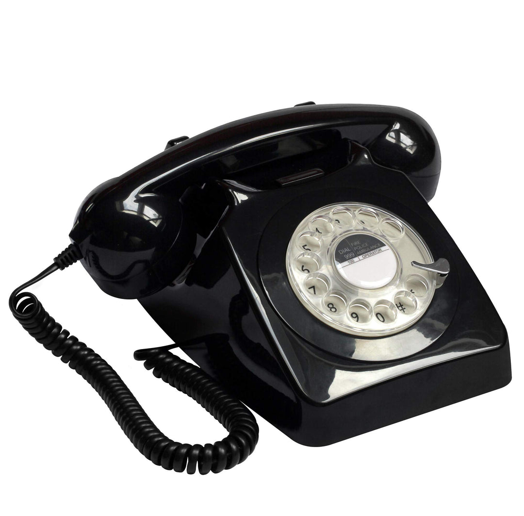 GPO 746ROTARYBLA Retro Telefon mit Wählscheibe im 70er Jahre Design Schwarz, Schwarz