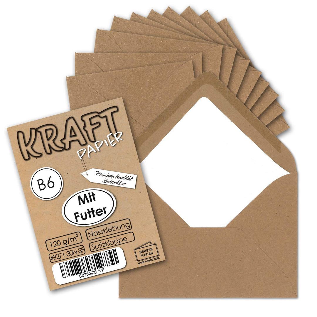 100x gefütterte Vintage-Umschläge DIN B6 125 x 178 mm Kraftpapier 120 g/m² braun Recycling Nassklebu