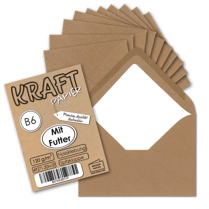100x gefütterte Vintage-Umschläge DIN B6 125 x 178 mm Kraftpapier 120 g/m² braun Recycling Nassklebu