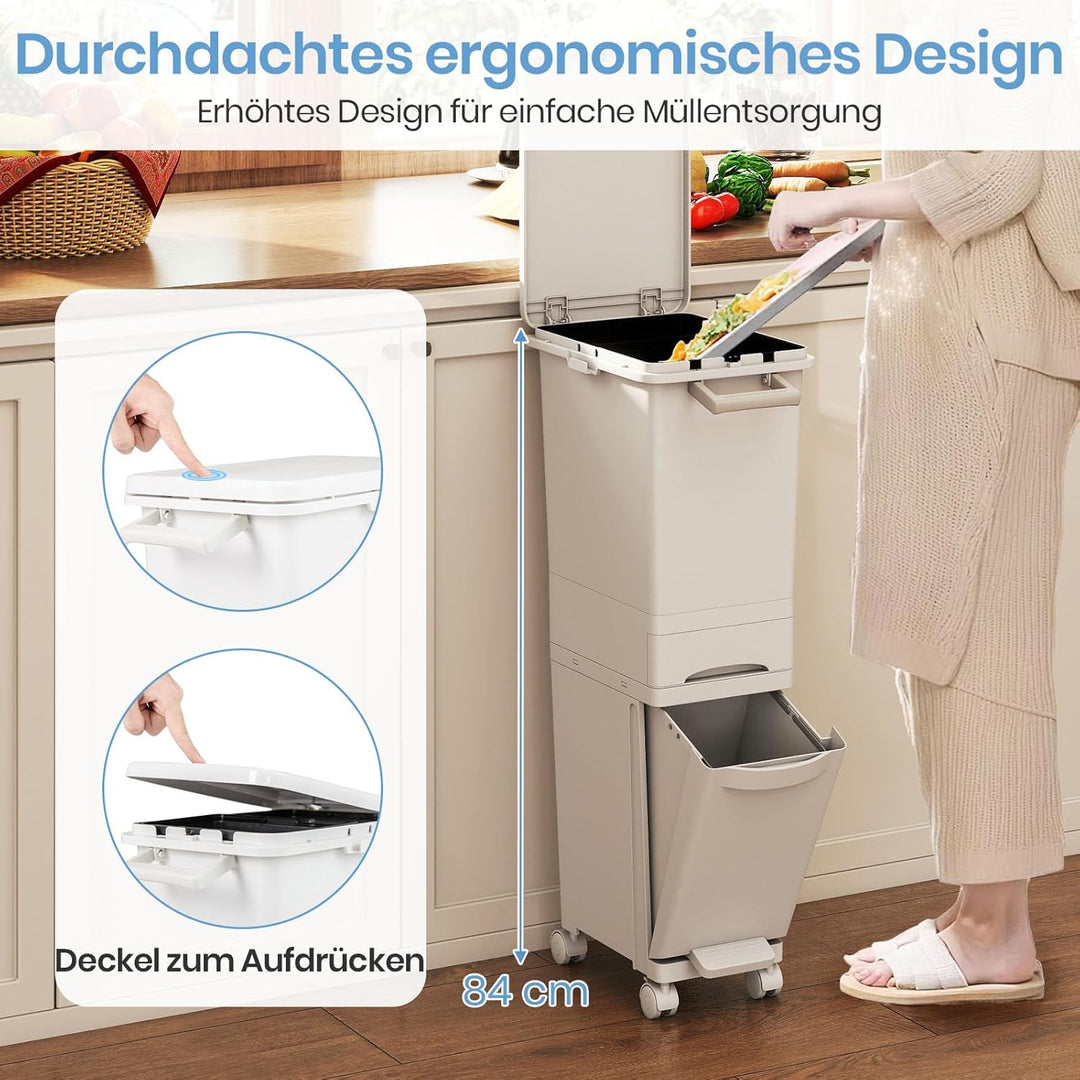 GOPLUS Mülleimer 3 Fächer, 32L Abfalleimer Küche mit Rollen, Mülltrennsystem mit Kippbehälter, Decke
