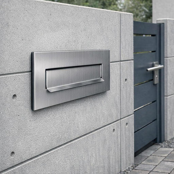 Mauerdurchwurf Briefkasten Edelstahl V2A INOX mit Rahmen Einbaubriefkasten XXL Wandstärke 260–420 mm