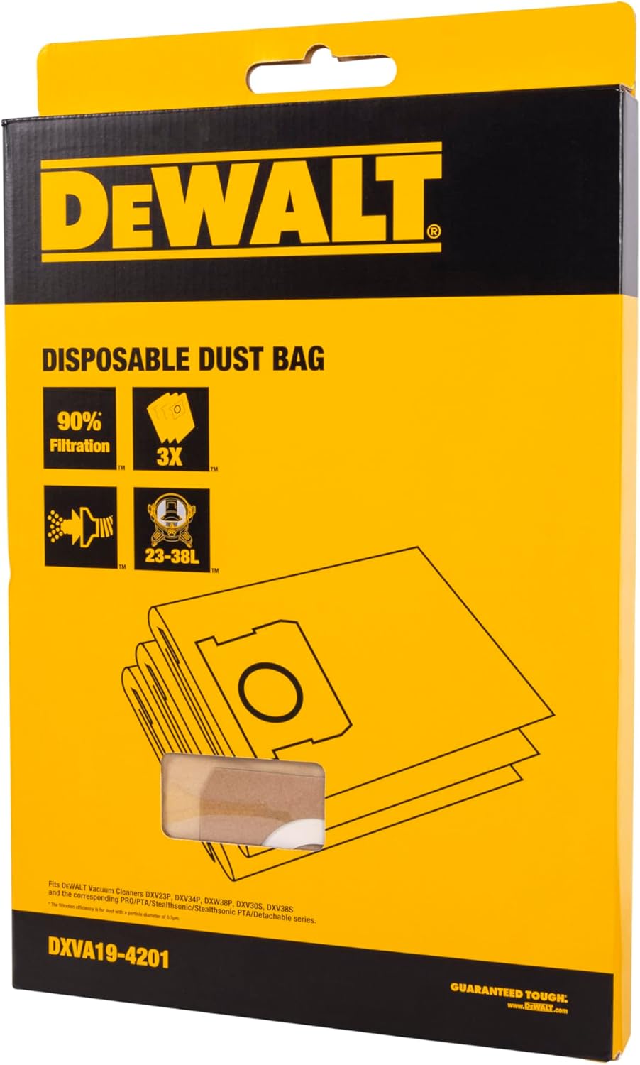 DEWALT DXVA19-4201 Staubbeutel für den Dewalt DXV23PTA Nass-/Trockensauger, einfache Befestigung für