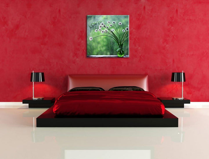 Pixxprint Pusteblumen am verregneten Fenster, Format: 70x70 auf Leinwand, 70x70